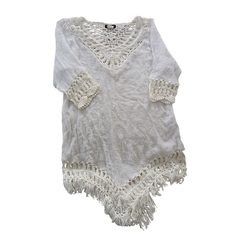 VENUS Made in Italy White Crochet Lace Cotton V Neck Tunic Cover Up Boho L - Picture 6 of 7
